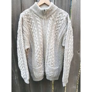 Carriage Donn Ireland Oatmeal  Wool cable zip front cardigan sweater fisherman M